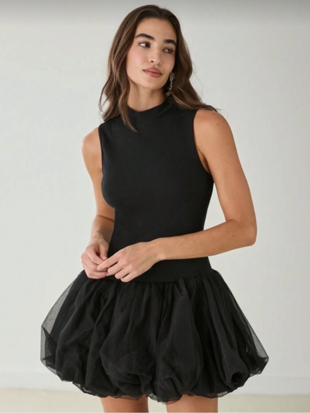 Chic Black Sleeveless Tulle Bubble Dress